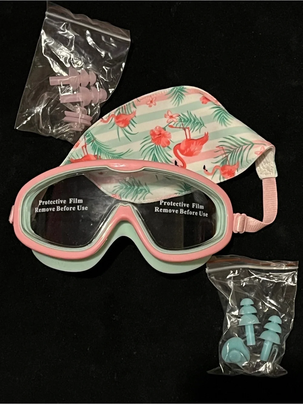 Pixel Panda Kids Flamingo Swim Goggles Set Cap Ear Plugs Nose Clip New